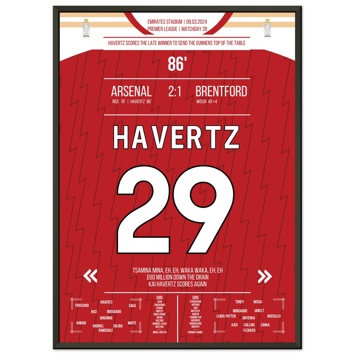 Havertz propulse les Gunners en tête du classement avec un but gagnant tardif