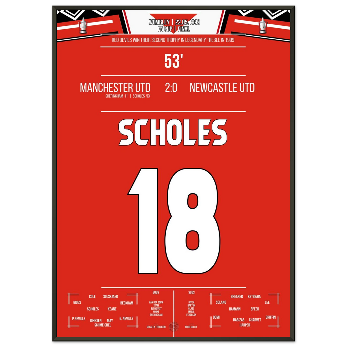 Scholes segna nel trionfo in coppa dello United a Wembley nella stagione del Treble