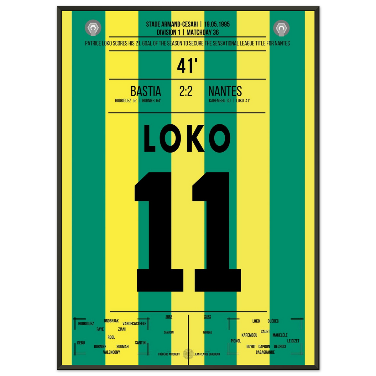 Patrice Loko marque et Nantes fête le championnat 1995 à Bastia