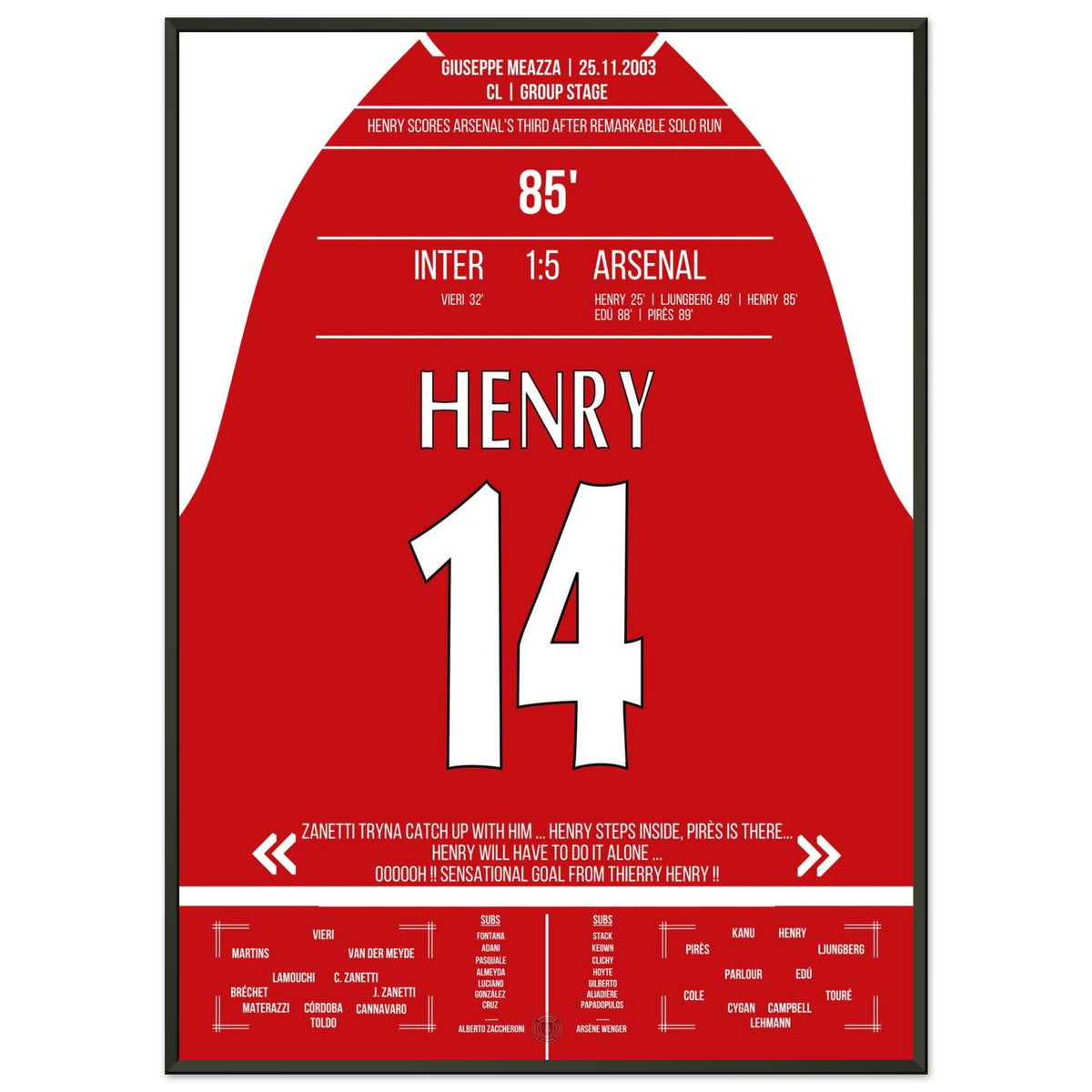 Henry contre la défense de l'Inter en solo lors de la victoire 5-1 d'Arsenal à l'extérieur.