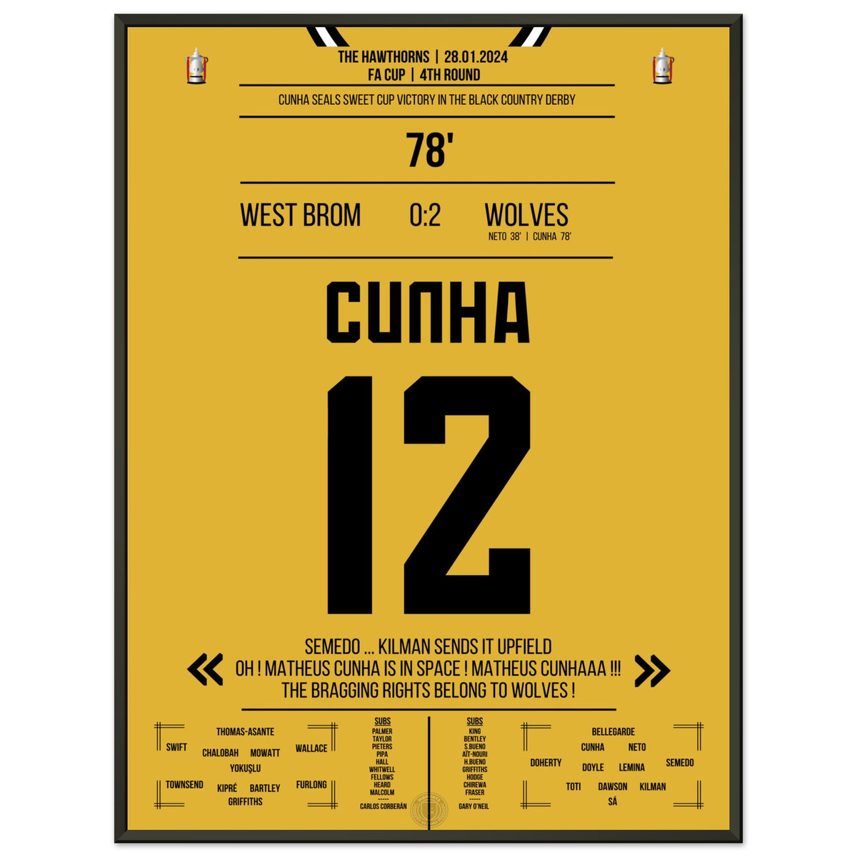 Cunha scores for the Black Country Derby victory in the cup.