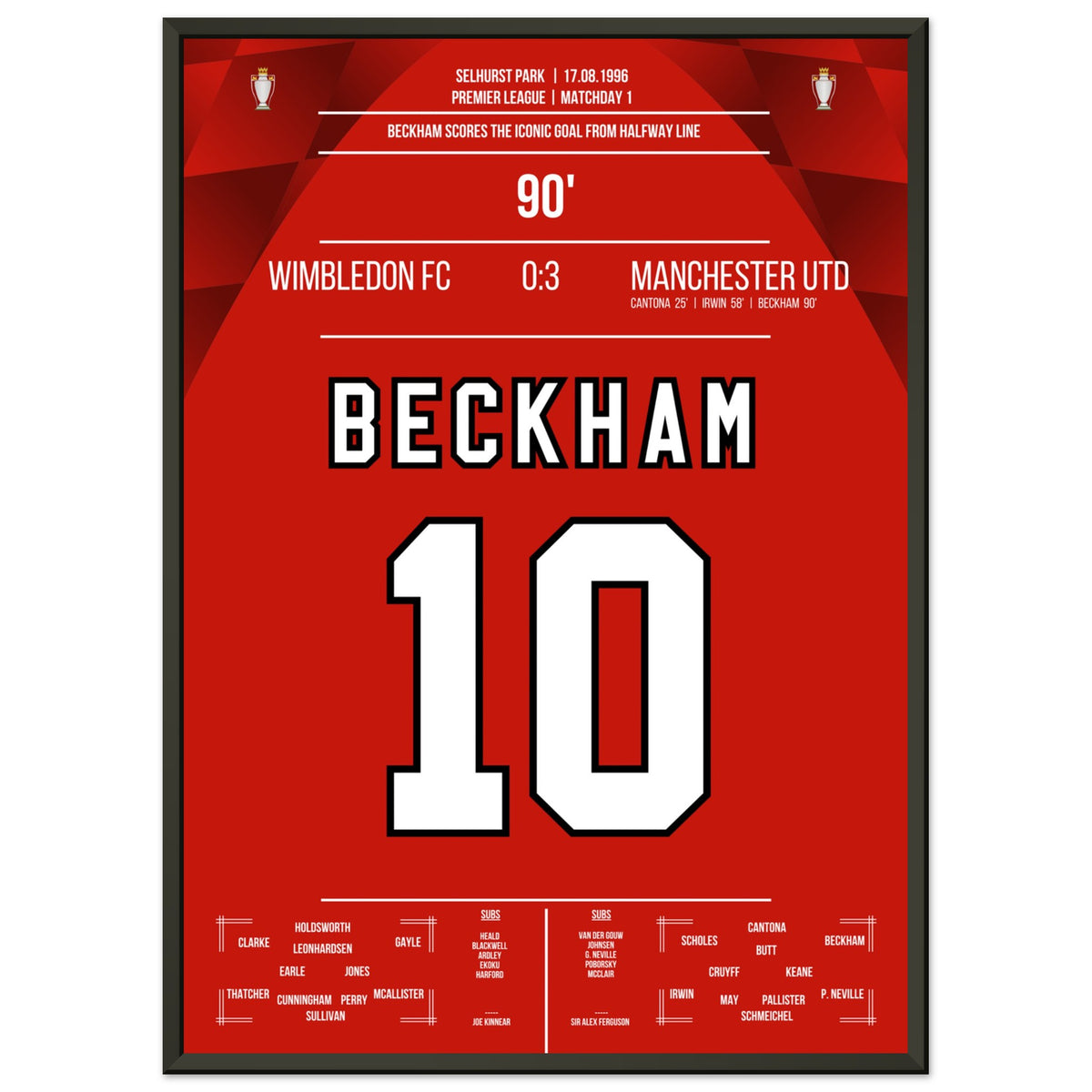 But de Beckham depuis la ligne médiane lors du match à l'extérieur contre Wimbledon en 1996