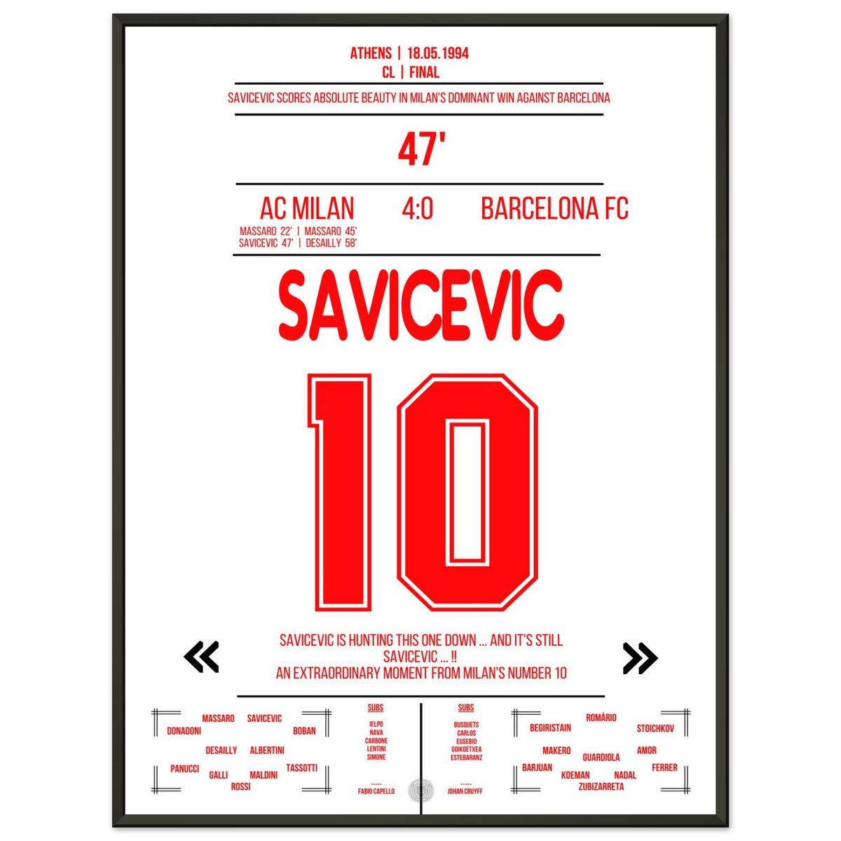 Savicevic chip goal in the rout against Barcelona in the 1994 final