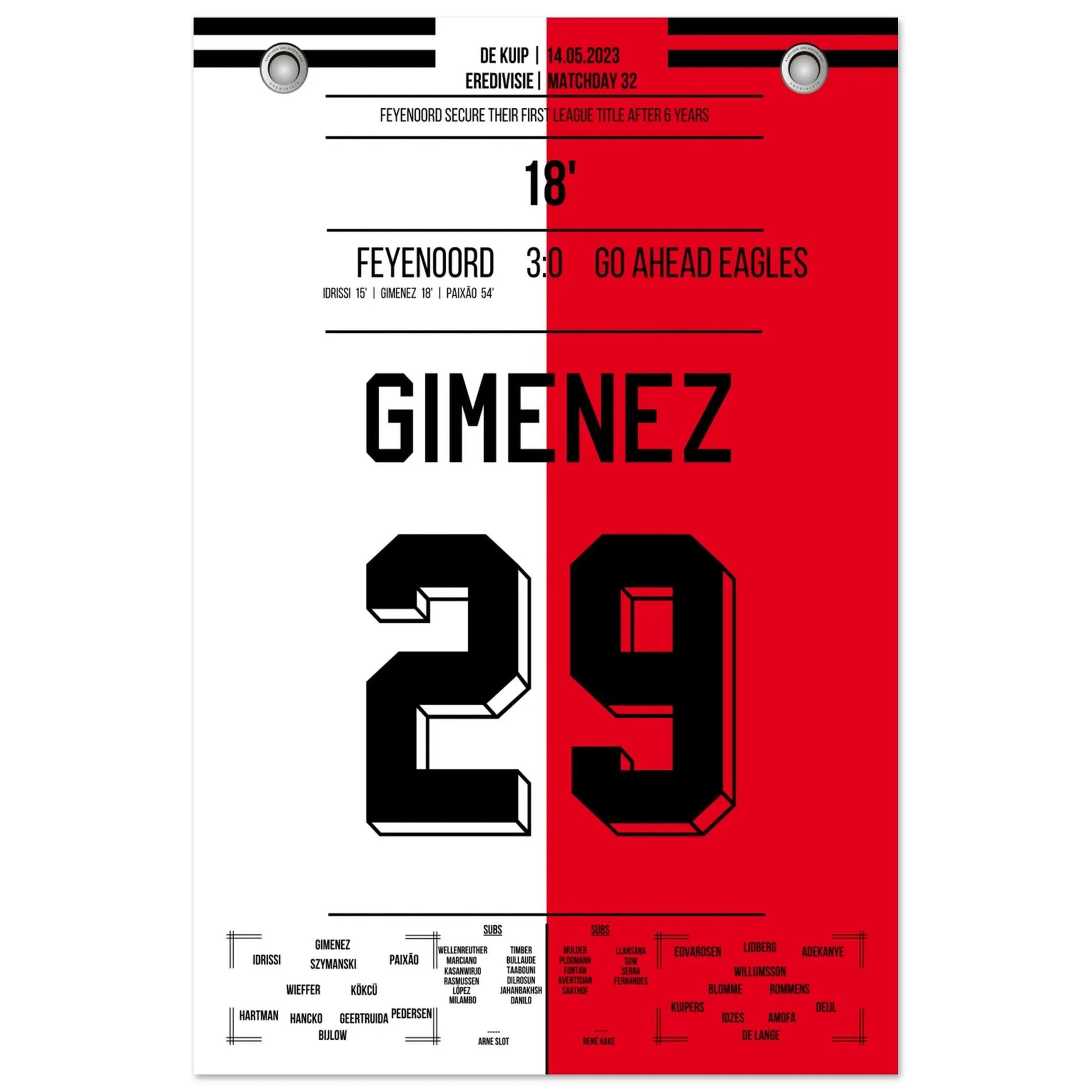 Feyenoord feiert seine 16. Meisterschaft in 2023 60x90-cm-24x36-Ohne-Rahmen