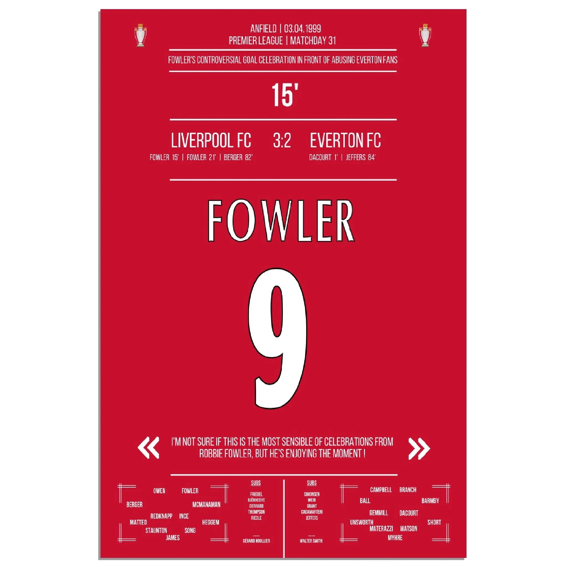 Fowlers außergewöhnlicher Torjubel Liverpool - Everton 1999 Premier League Merseyside Derby 