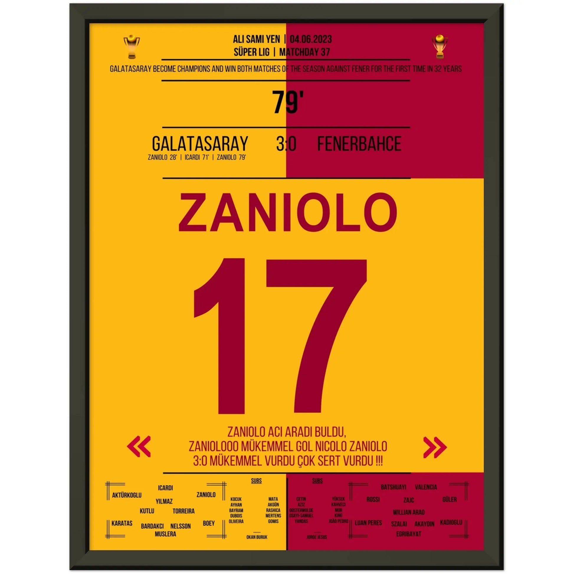 Galatasaray feiert die Meisterschaft im zweitem Derbysieg gegen Fenerbahce 2023 30x40-cm-12x16-Schwarzer-Aluminiumrahmen