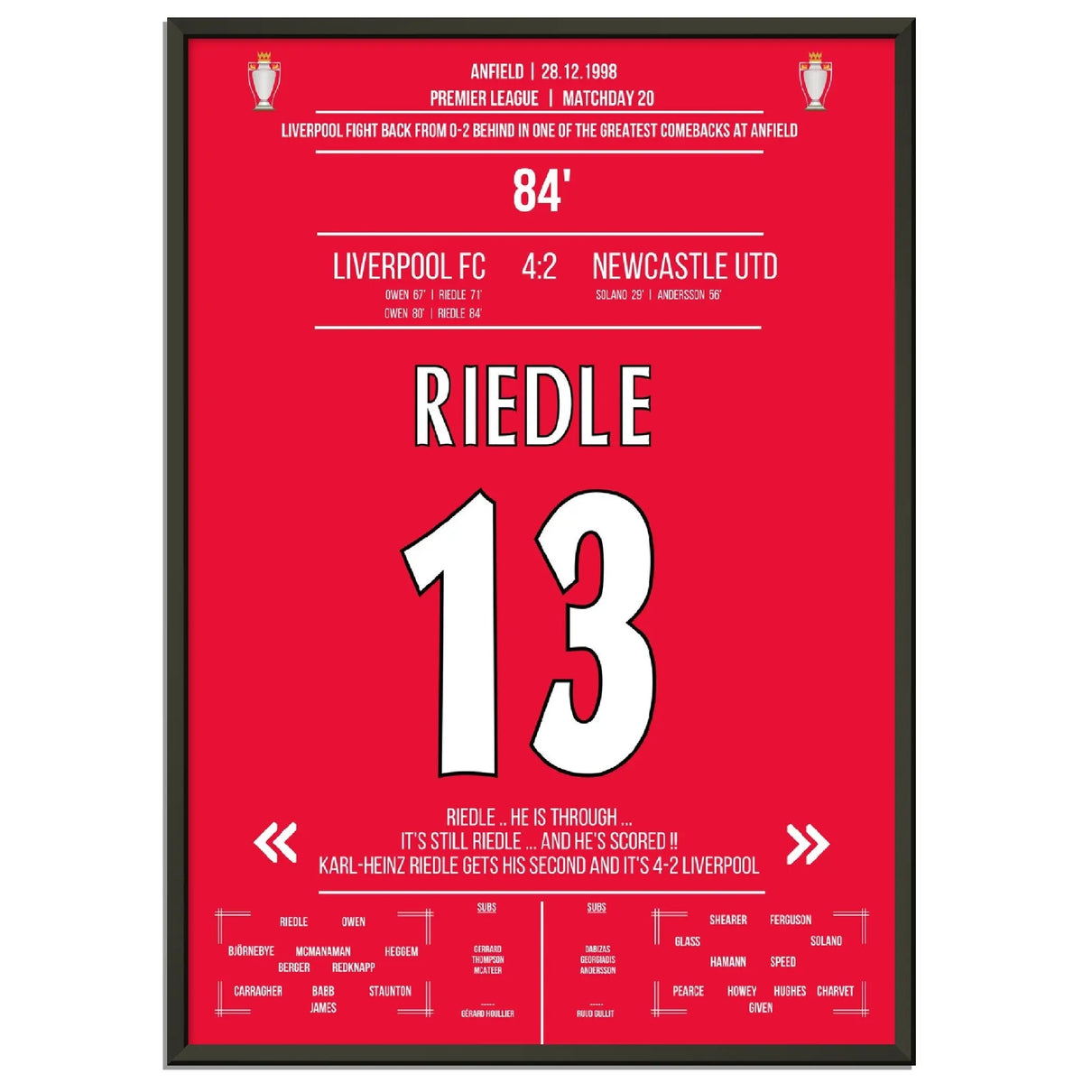 Le doublé de Riedle lors de la folle remontée de Liverpool contre Newcastle en 1998