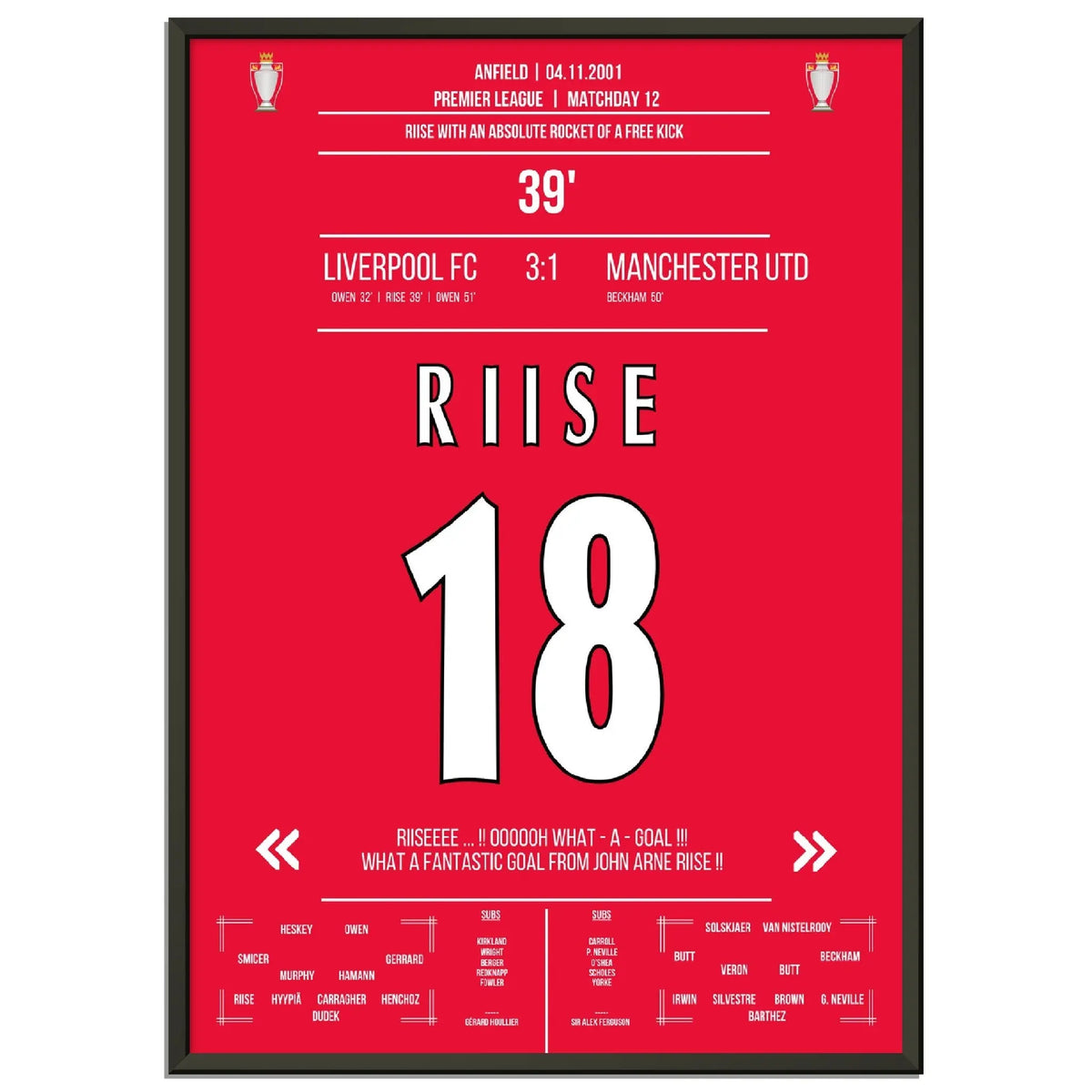 Riise sort le grand jeu lors de la victoire à domicile de Liverpool contre ManU en 2001.