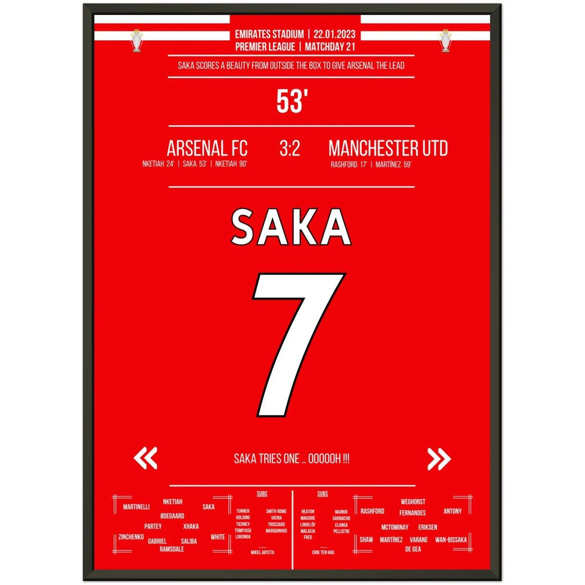 Il gol da sogno di Saka da lontano contro il ManU