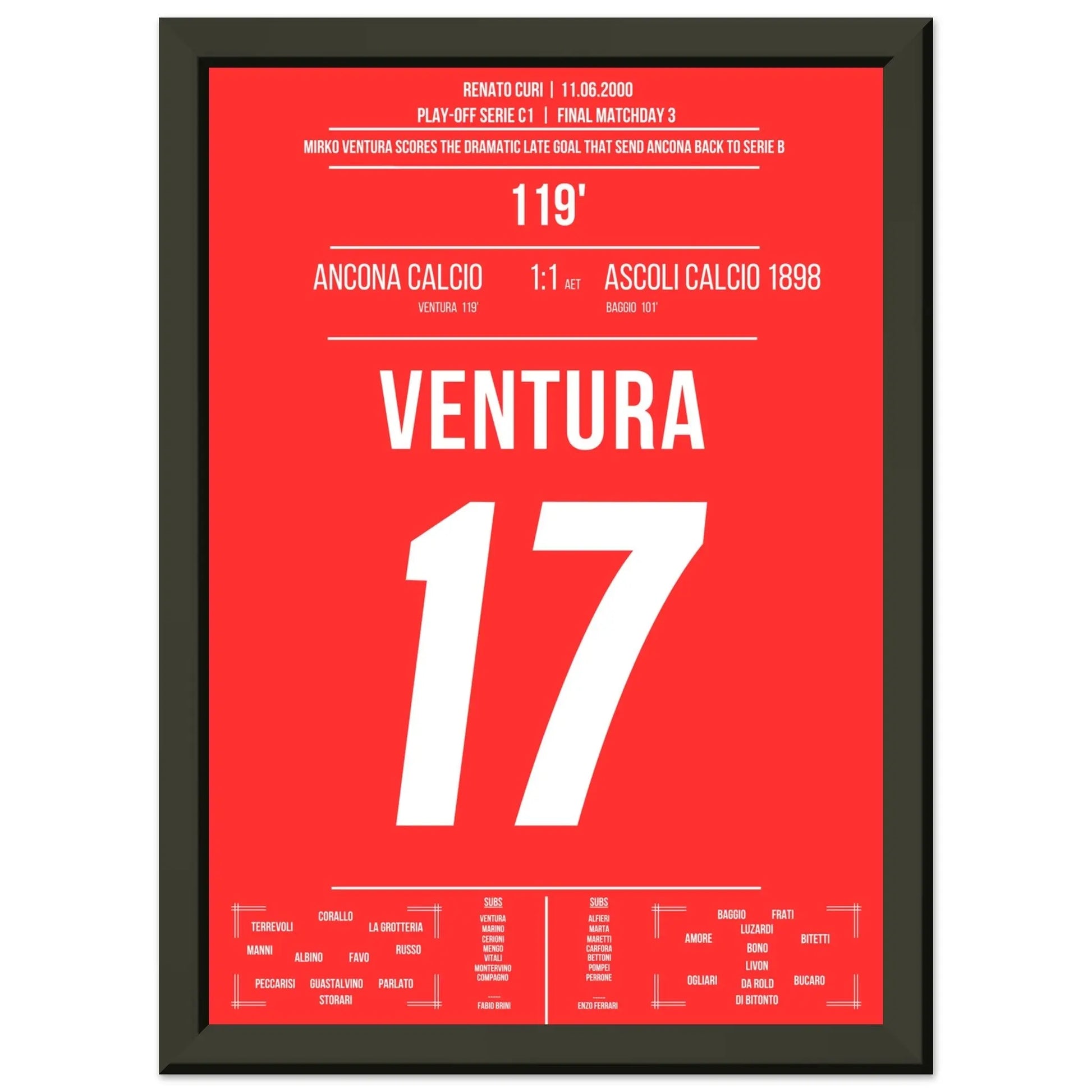 Ventura's Tor zum Aufstieg von Ancona gegen Ascoli in 2000 A4-21x29.7-cm-8x12-Schwarzer-Aluminiumrahmen