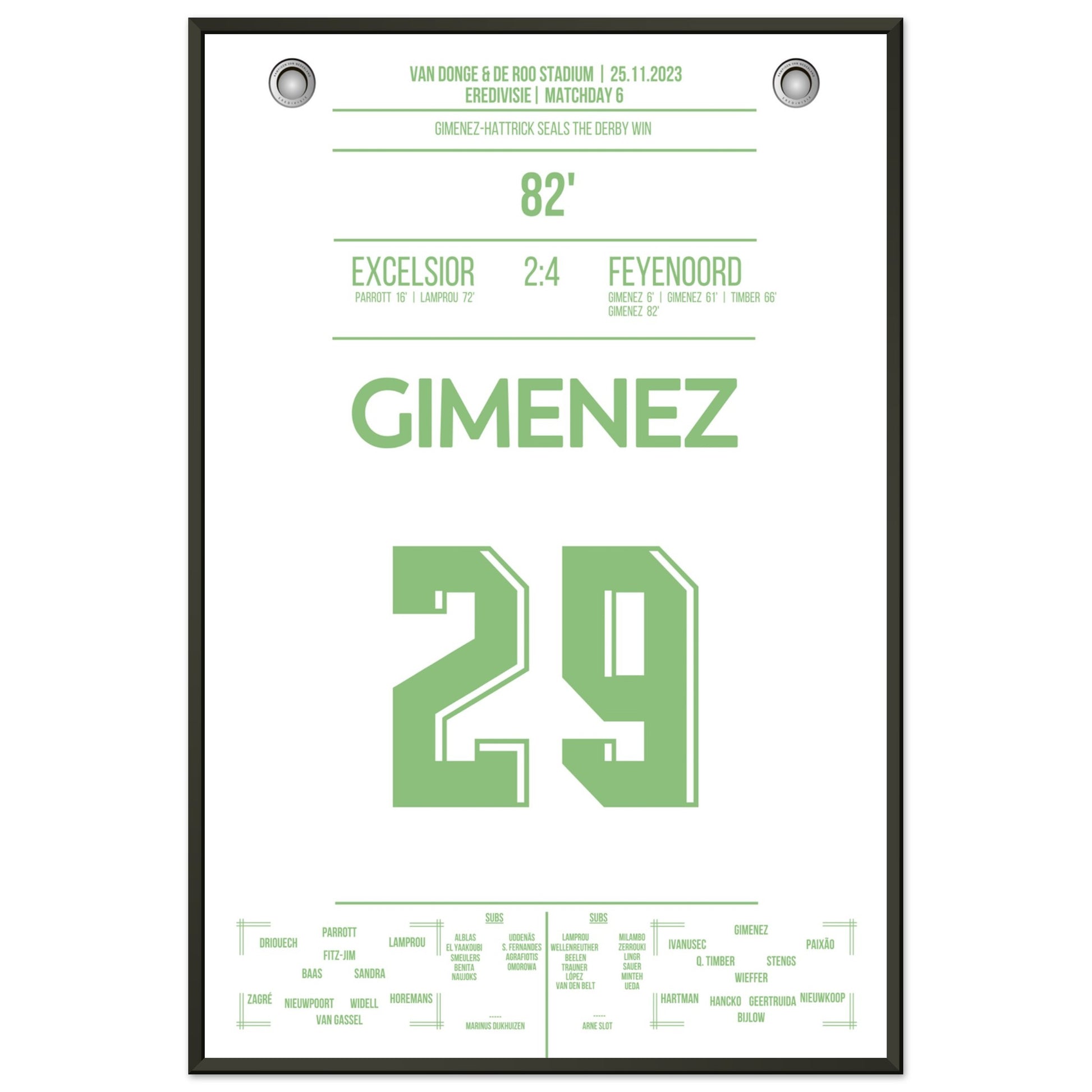 Gimenez-Hattrick beim Derby Sieg gegen Excelsior 60x90-cm-24x36-Schwarzer-Aluminiumrahmen