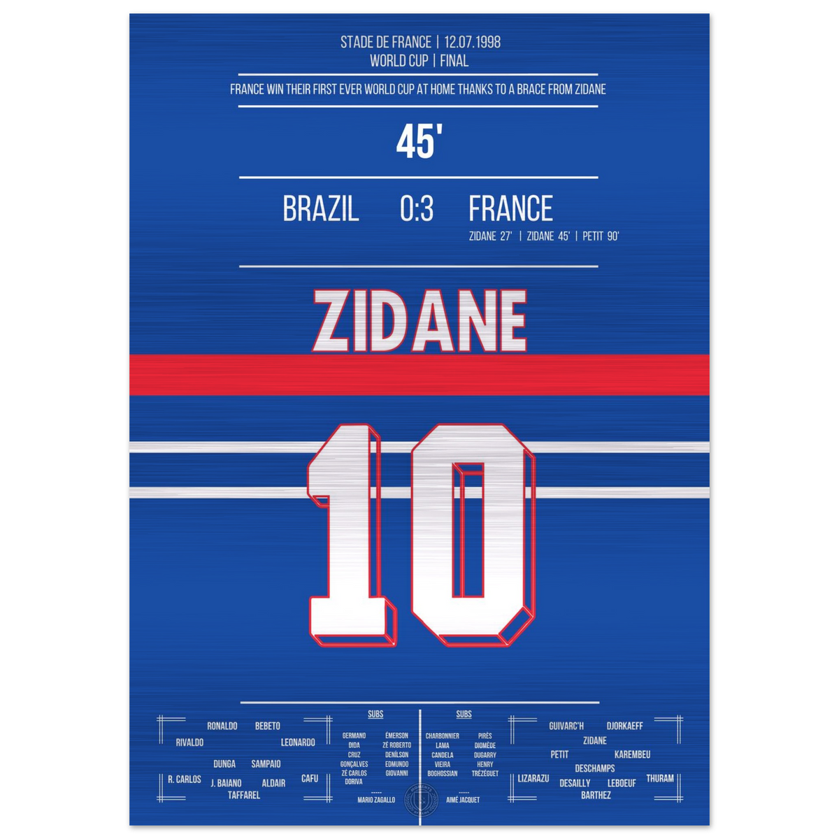 (Metal Print) Zidane Header Double for France's First World Cup Title 1998 Against Brazil