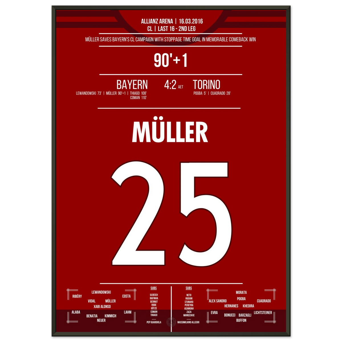 Müller colpisce di testa <tc>Bayern</tc> nei tempi supplementari nella storica vittoria di comeback negli ottavi di finale di Champions League 2016