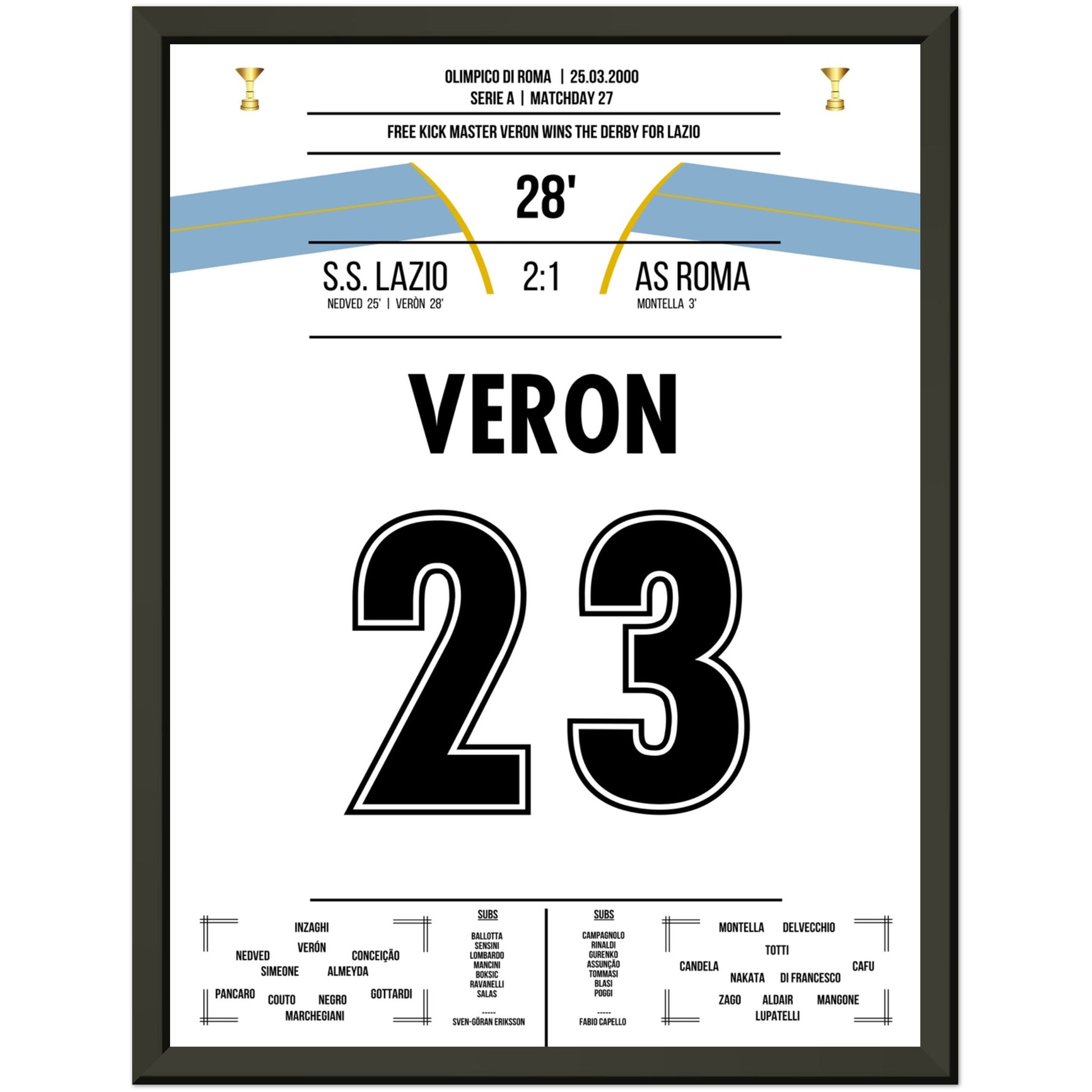 Veron's Freistosstor beim Derbysieg gegen die Roma 30x40-cm-12x16-Schwarzer-Aluminiumrahmen