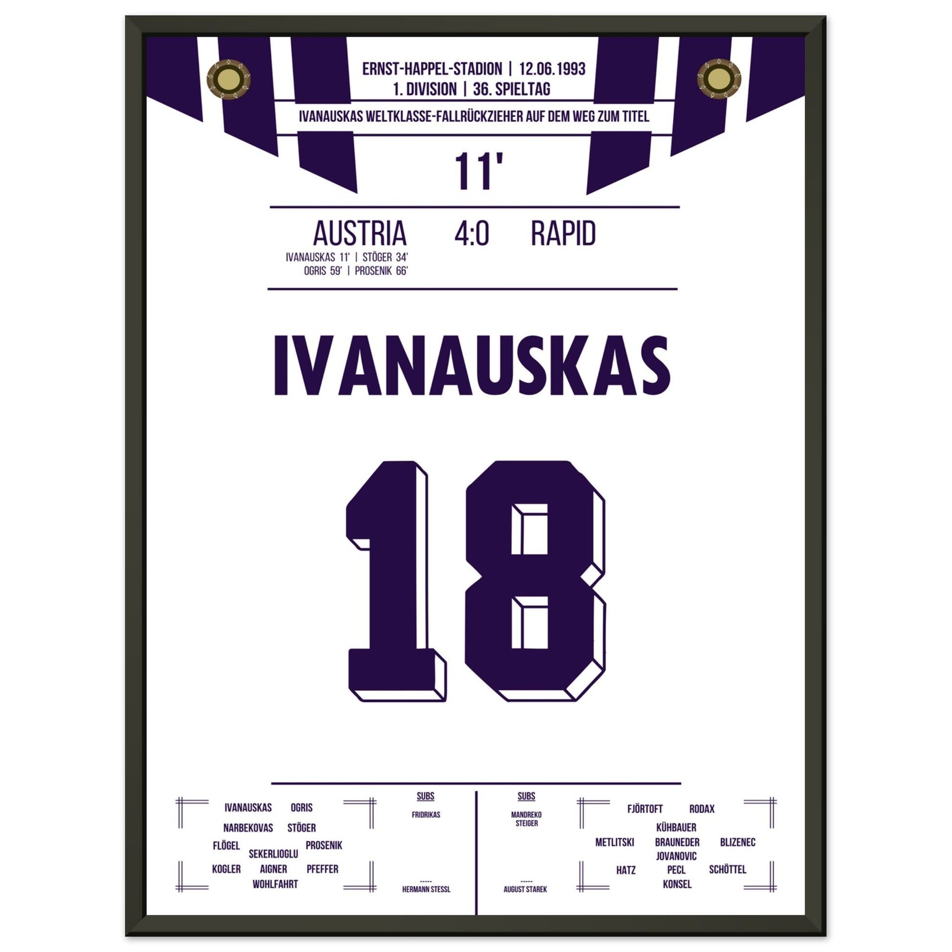 Ivanauskas Weltklasse-Fallrückzieher zu Austria's Meisterschaft 1993 45x60-cm-18x24-Schwarzer-Aluminiumrahmen