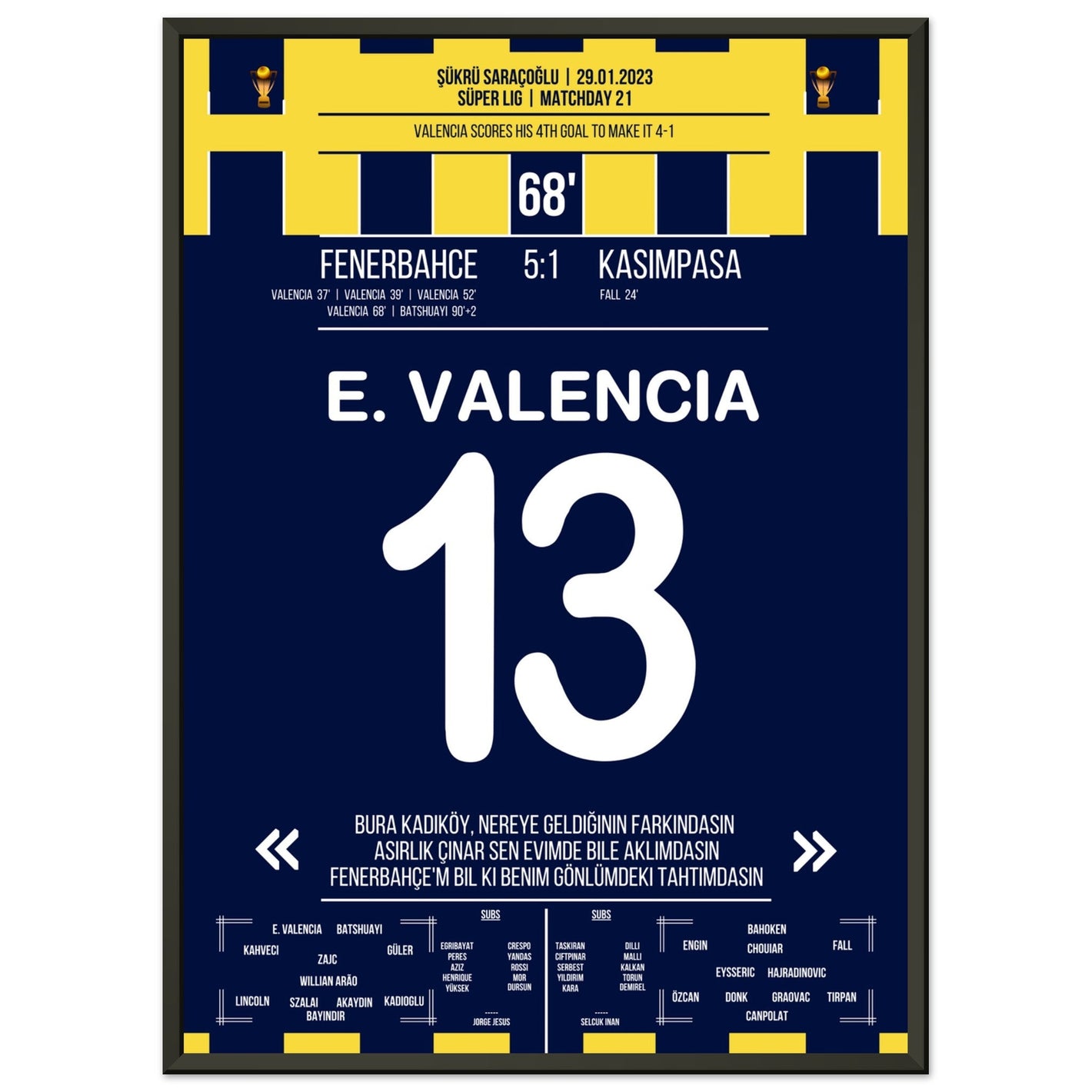 Viererpack von Enner Valencia gegen Kasimpasa in 2023 50x70-cm-20x28-Schwarzer-Aluminiumrahmen