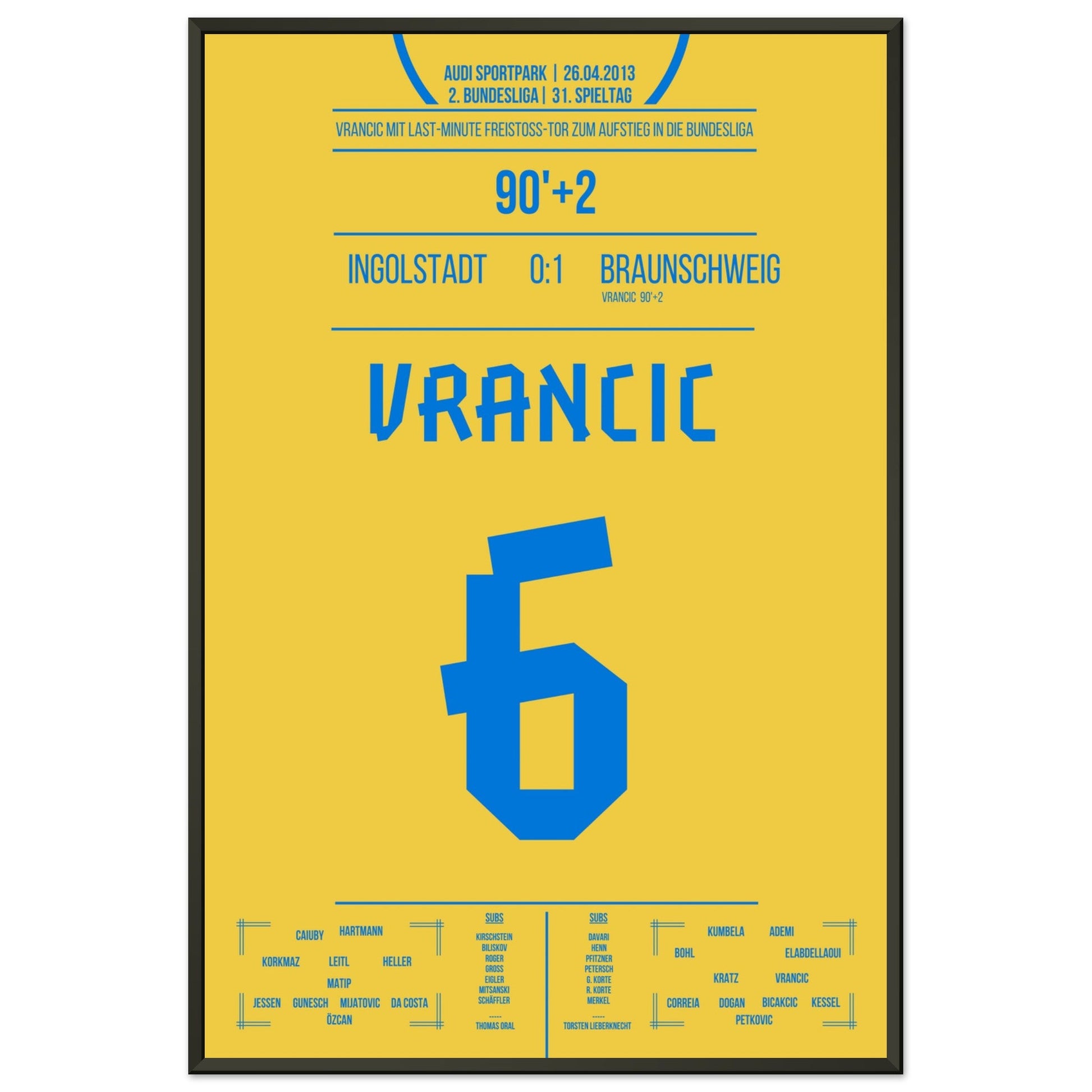 Vrancic's Freistoss-Treffer zum Bundesliga-Aufstieg 2013 60x90-cm-24x36-Schwarzer-Aluminiumrahmen