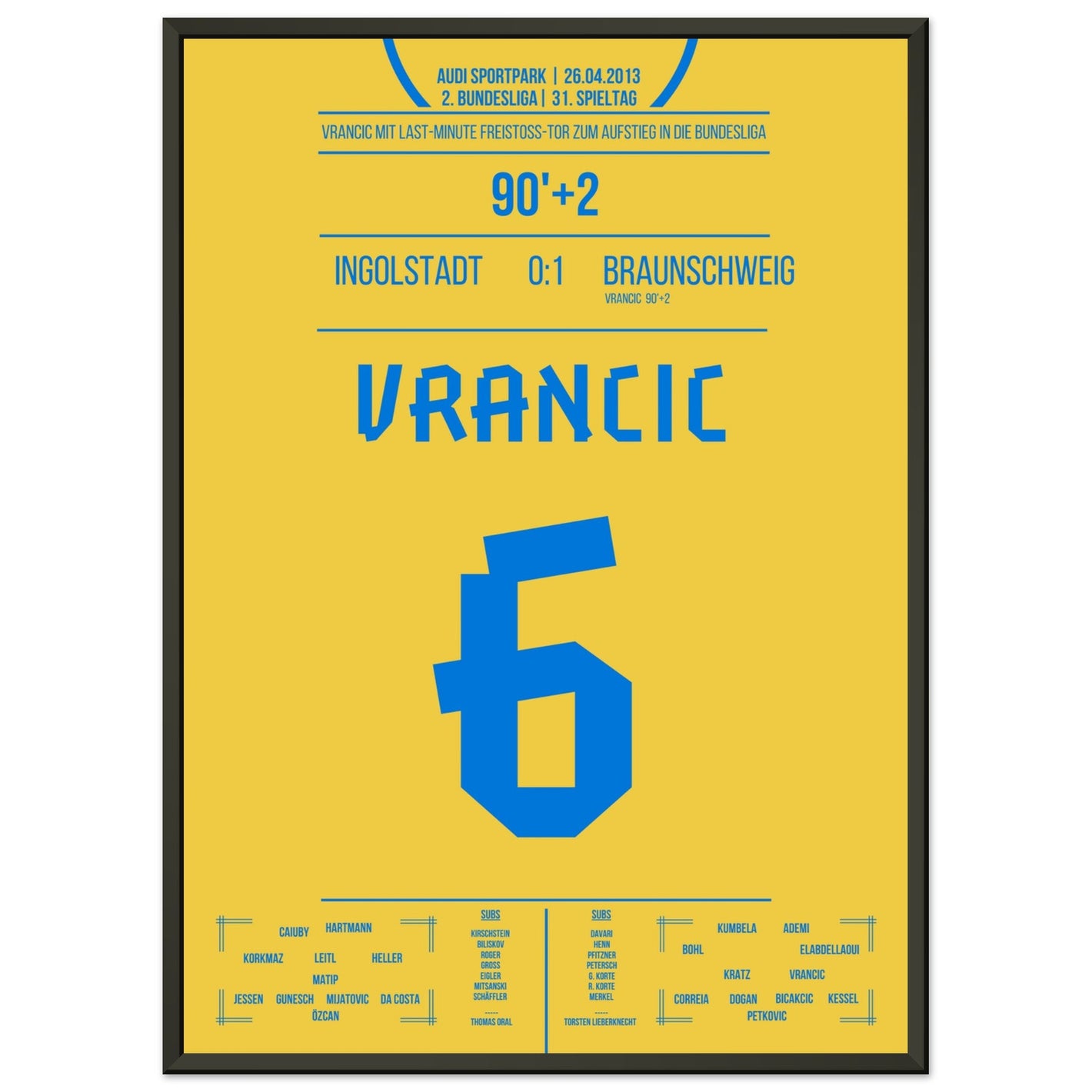 Vrancic's Freistoss-Treffer zum Bundesliga-Aufstieg 2013 50x70-cm-20x28-Schwarzer-Aluminiumrahmen